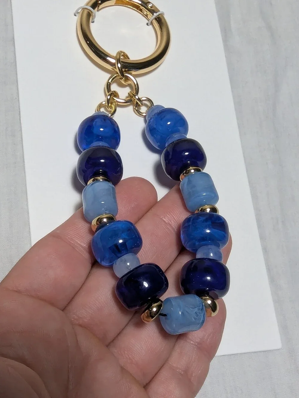 NWT J. Crew Chunky Beaded Bag Charm Gold Ring Blue Glass Beads (ONE SIZE)